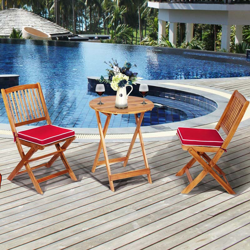 3 Pcs Acacia Wood Patio Folding Bistro Set Outdoor Chair Table Set with Padded Cushion & Round Coffee Table