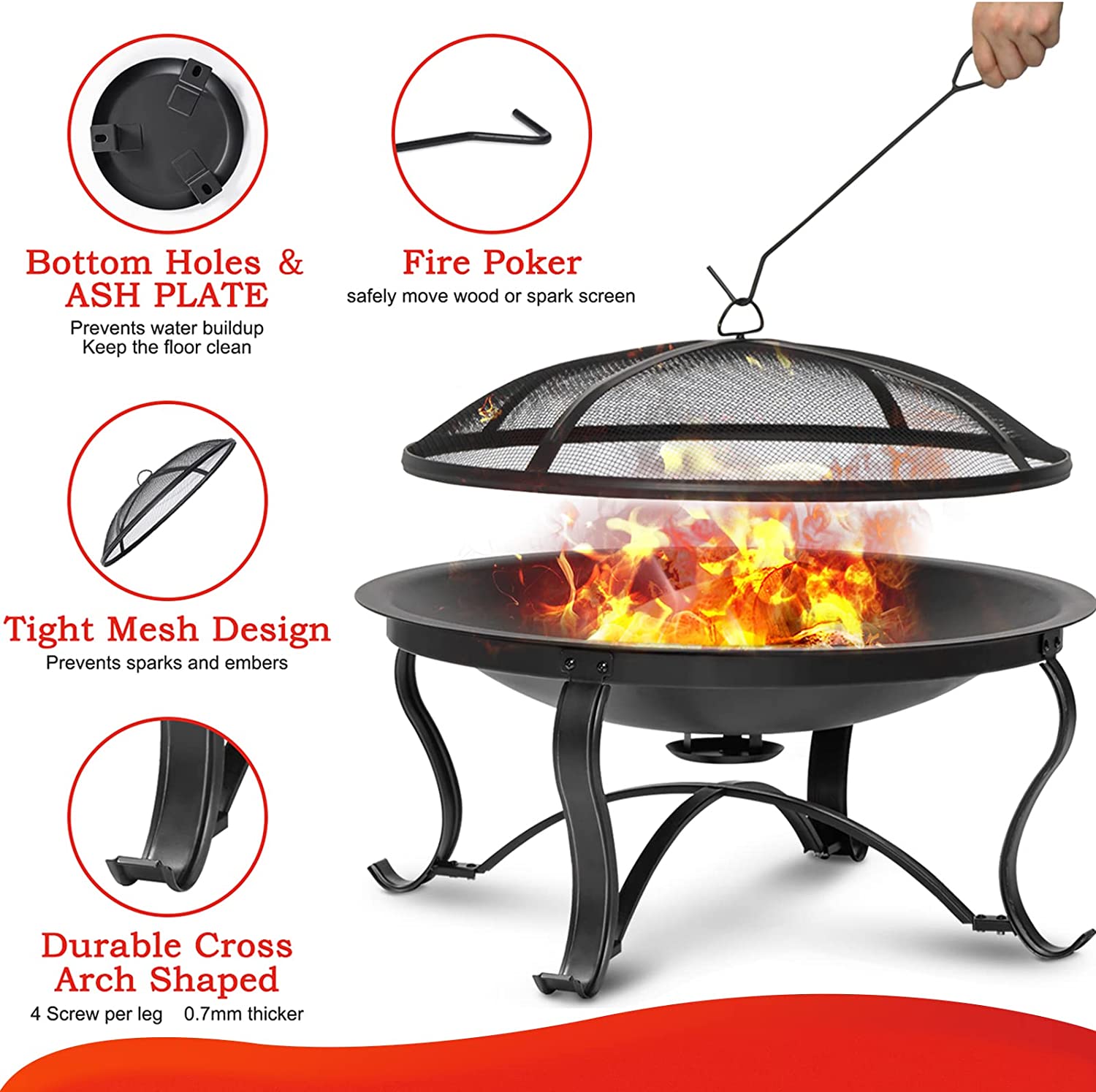 SINGLYFIRE 29 inch Fire Pits for Outside Firepit Outdoor Wood Burning Bonfire Pit Steel Firepit Bowl for Patio Backyard Camping，with Ash Plate，Spark Screen，Log Grate，Poker