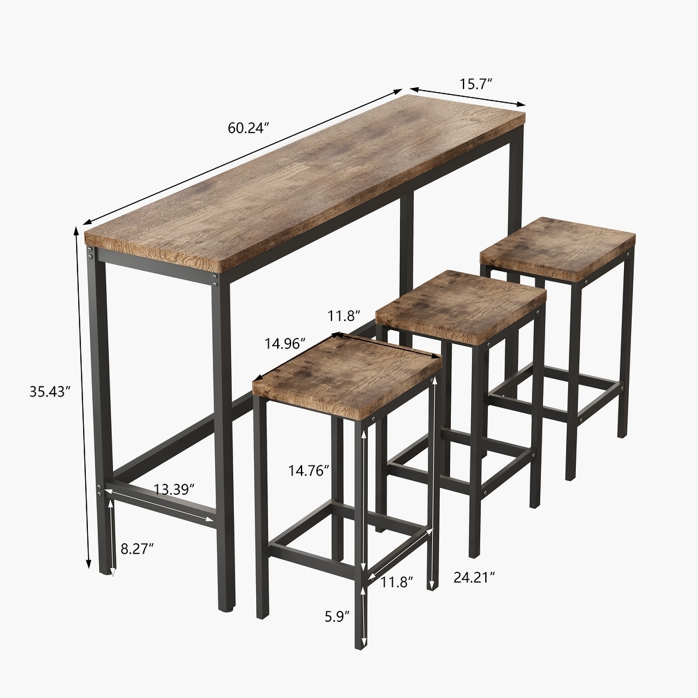 Long Dining Table Set with 3 Stools Pub Kitchen Set Side Table with Footrest