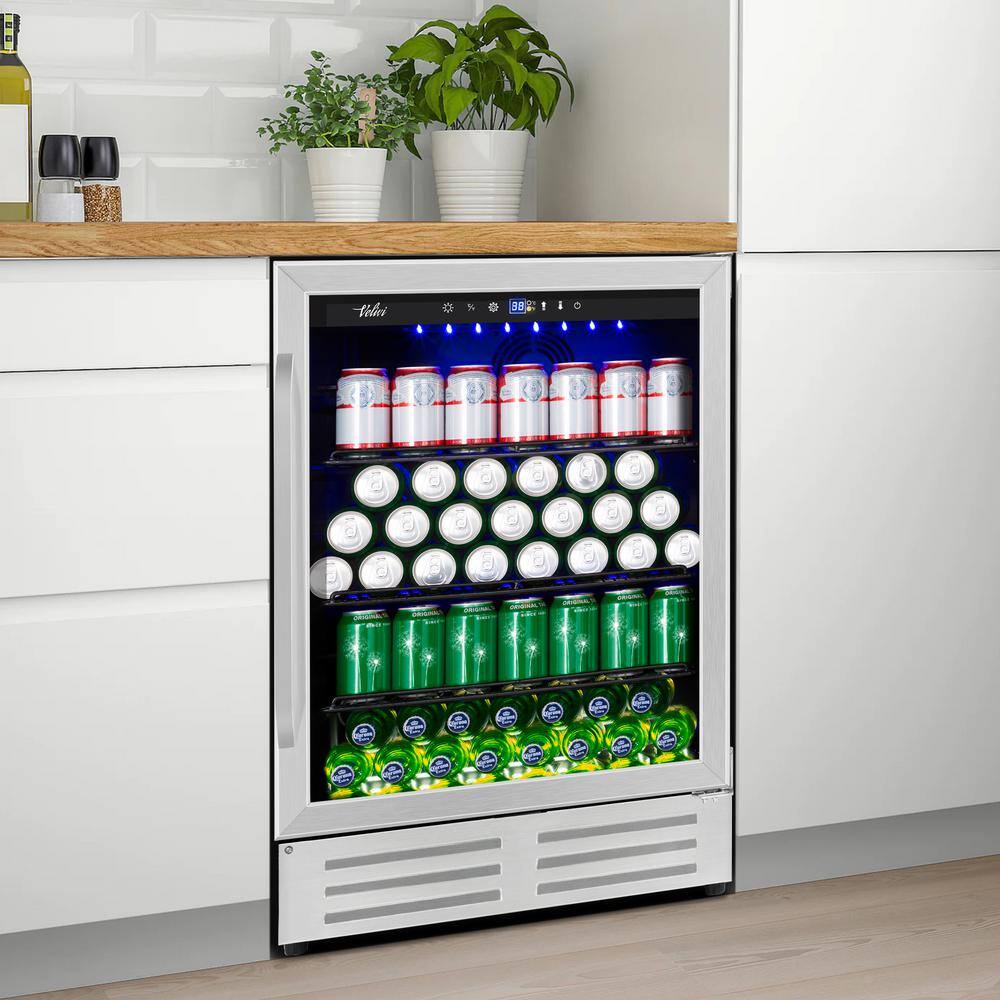 Velivi 24 in. 210 (12 oz.) Can Built-inFreestanding Beverage Cooler Fridge with Adjustable Shelves in Stainless Steel KMYL150HD