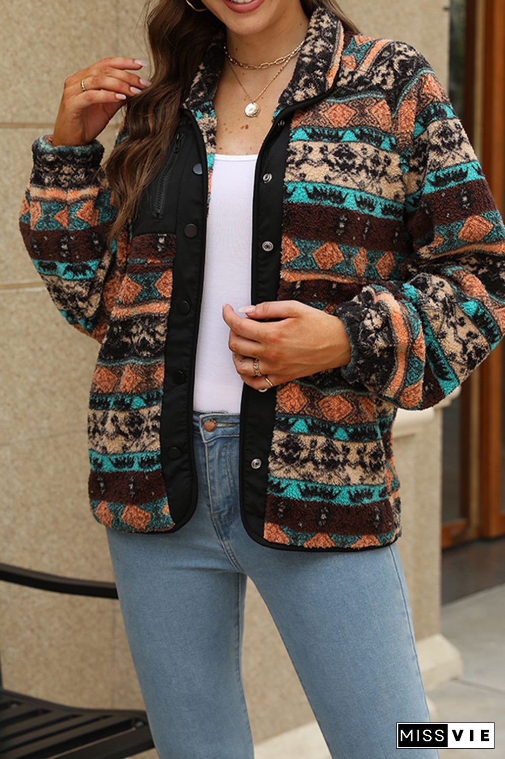 Aztec Print Open Button Fleece Jacket