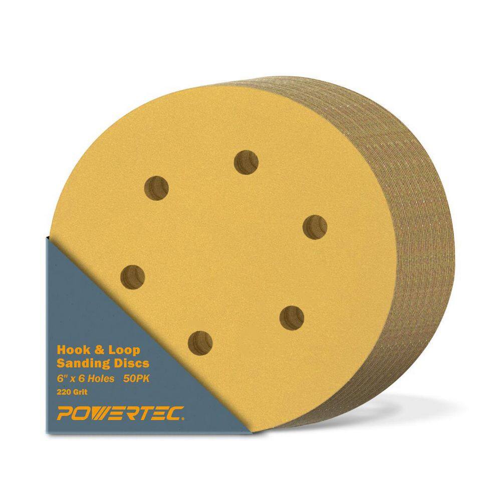 POWERTEC 6 in. 6 Hole 220-Grit Hook and Loop Sanding Discs in Gold (50-Pack) 45222G-50