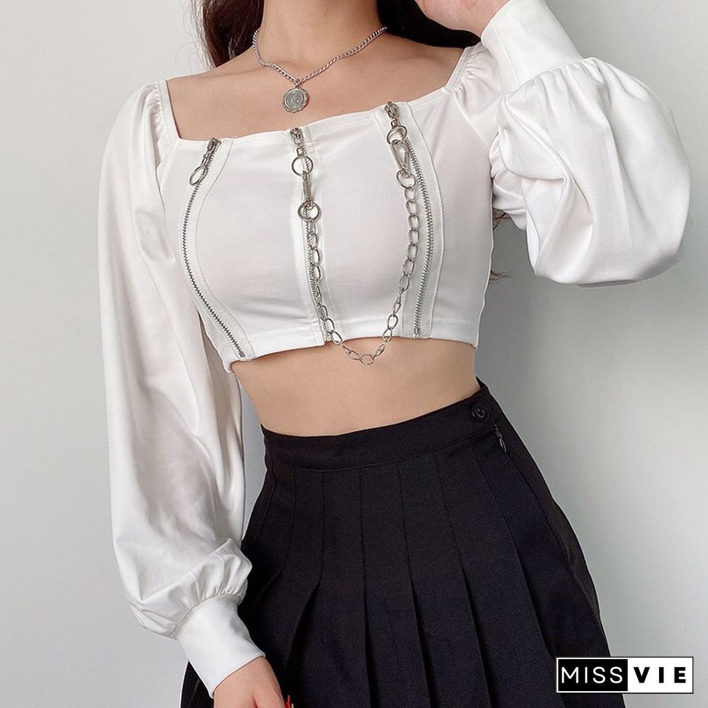 Chain Tees Women Zipper Square Collar Crop Tops Chic Slim Fit Long Sleeve T Shirt Backless Street Summer Fashion New