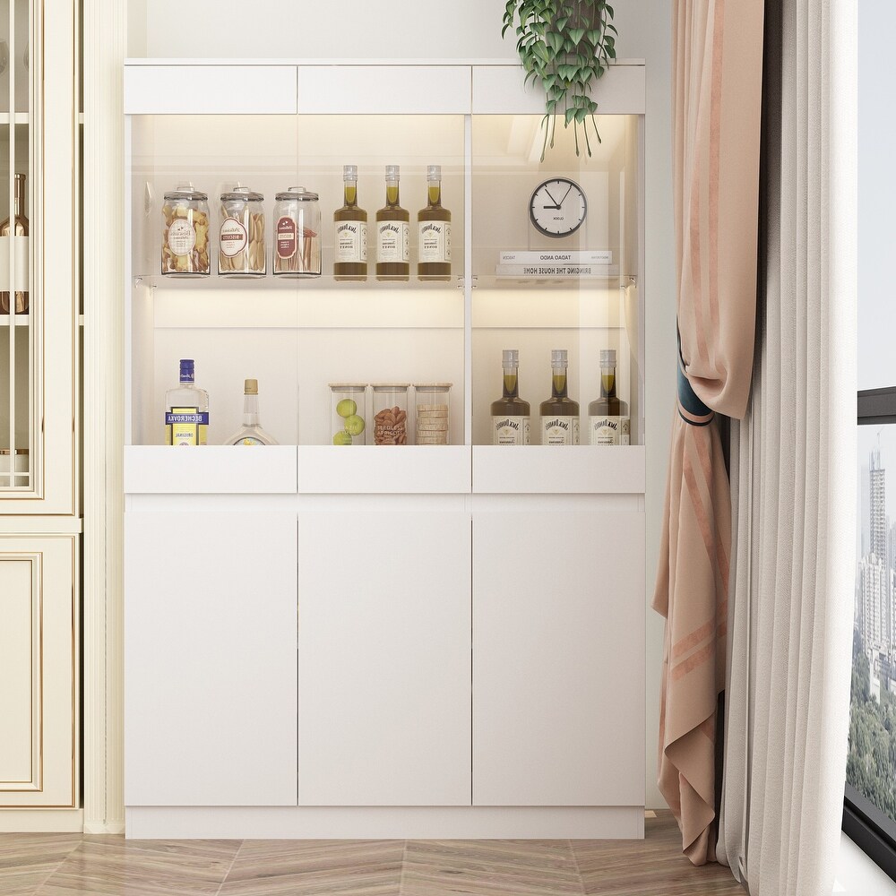 Storage Cabinet with LED Light Kitchen Pantry Cabinet with Glass Doors   47.2\