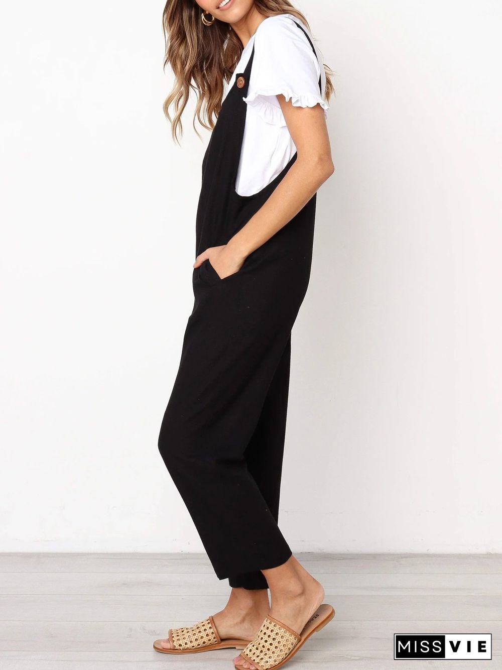 Casual Cotton-Blend Pockets Solid Jumpsuit & Romper