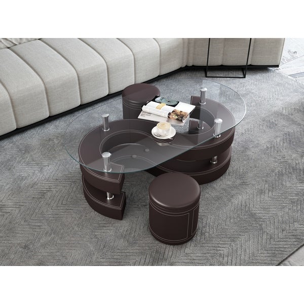 3 Pieces Coffee Table Set with tempered glass top， Sofa Table with leather surface S shape base and 2 Leather Stools