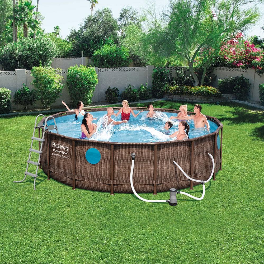 Bestway 16 ft. x 16 ft. Round 48 in. Deep Metal Frame Power Vista Pool Set with Vacuum and Maintenance Kit 56726E-BW + 58237E-BW