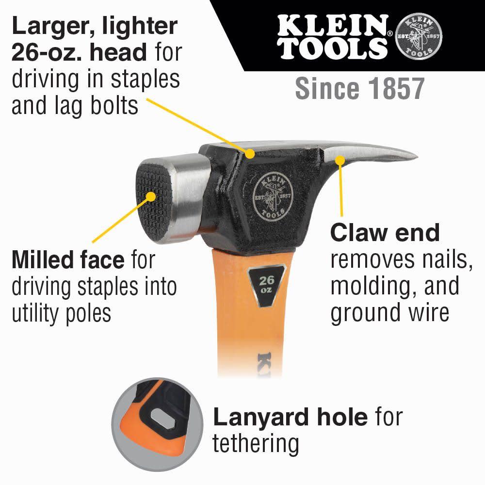 Linemanand#8217;s Claw End Milled Face Hammer， Large 26oz Head