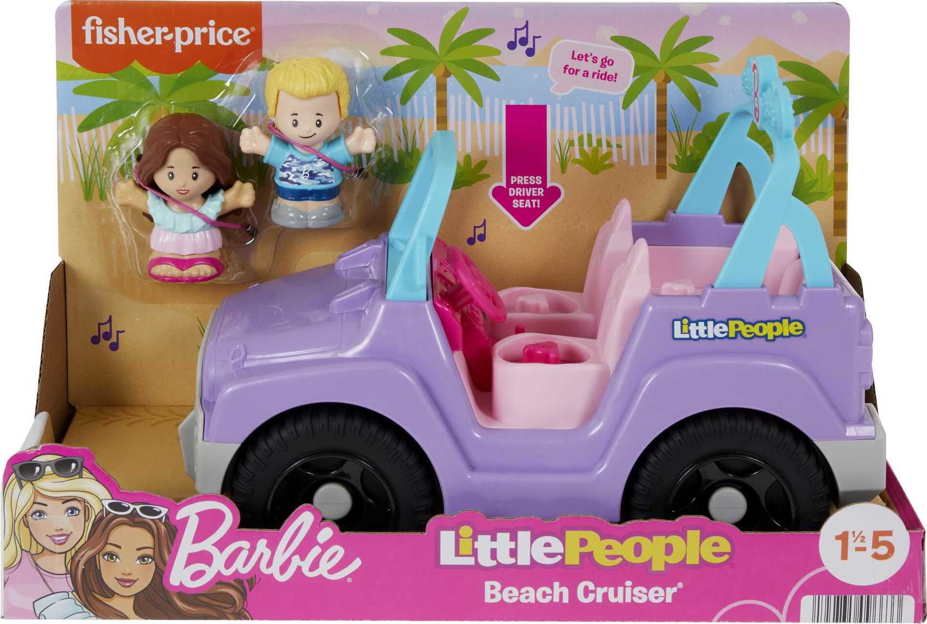 Fisher-Price Little People Barbie Toy Car with Music Sounds and 2 Figures， Beach Cruiser， Toddler Toys