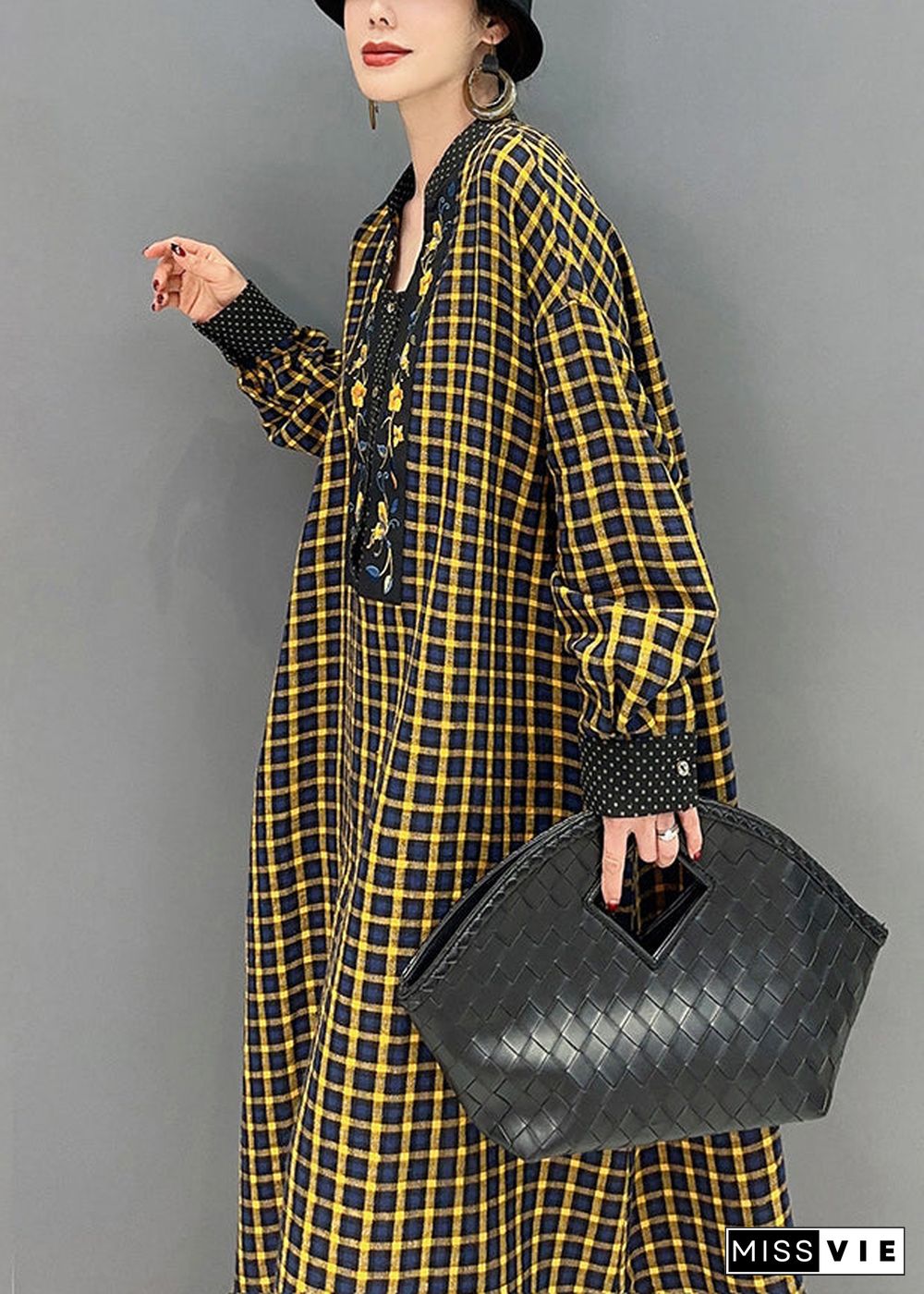 Yellow Plaid Patchwork Maxi Dresses Oversized Spring