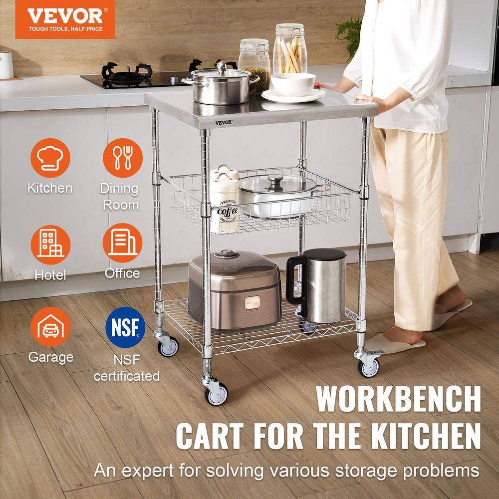 VEVOR 3-Tiers Kitchen Utility Cart 20 in. Wire Rolling Cart with Wheels Metal Storage Trolley with 6 Hooks Kitchen CartSilver LLCFTCCB20X24IGJ4V0