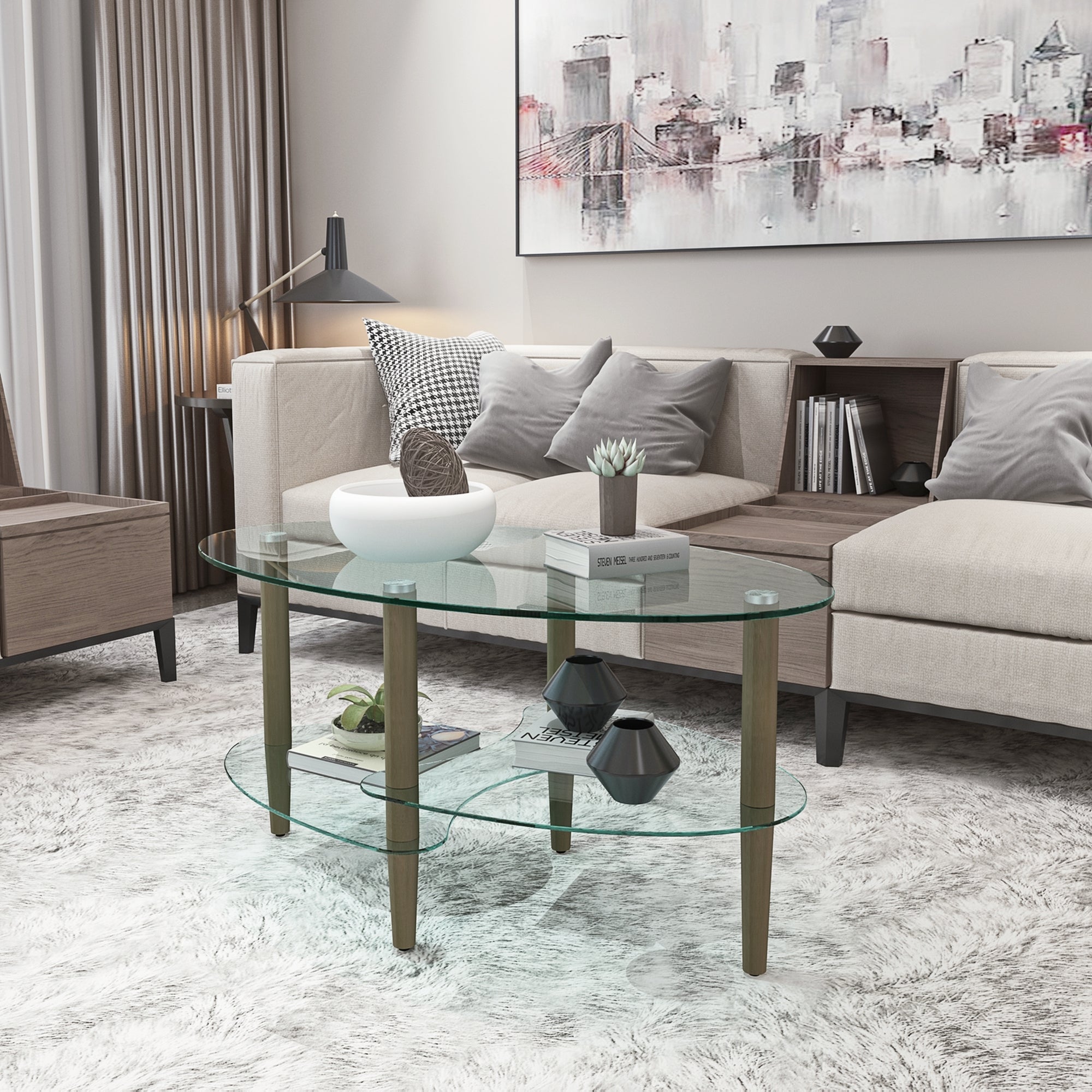 Transparent Oval Glass Coffee Table, Modern Table for Living Room, 3 Layers