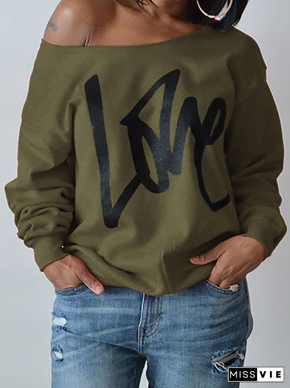 Letter Printed Love One Shoulder Sweatshirt