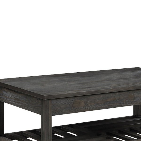 Transitional Style Wooden Coffee Table with Open Slatted Shelf， Gray