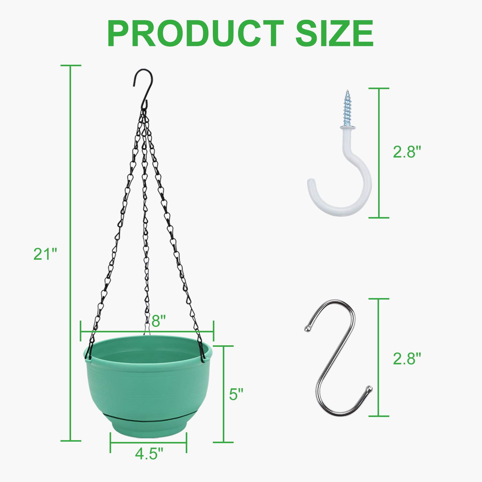 GROWNEER 2 Packs 8 Inches Plastic Hanging Planter Self Watering Basket with 6 Pcs Hooks, Hanging Flower Pot with Detachable Base for Garden Indoor Outdoor Home Decoration (Green)