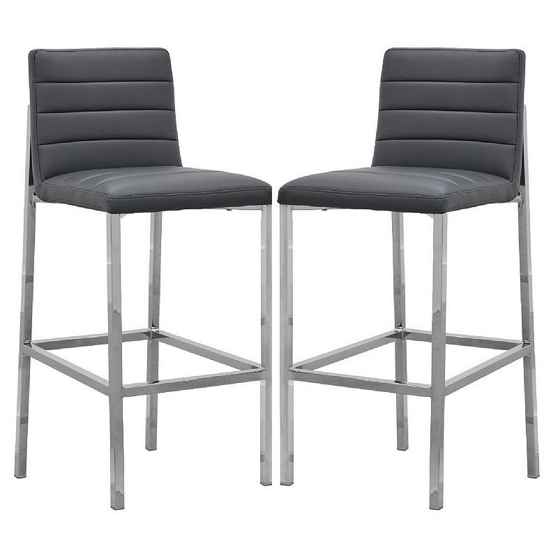 Eun 30 Inch Faux Leather Channel Barstool， Chrome， Set of 2， Dark Gray