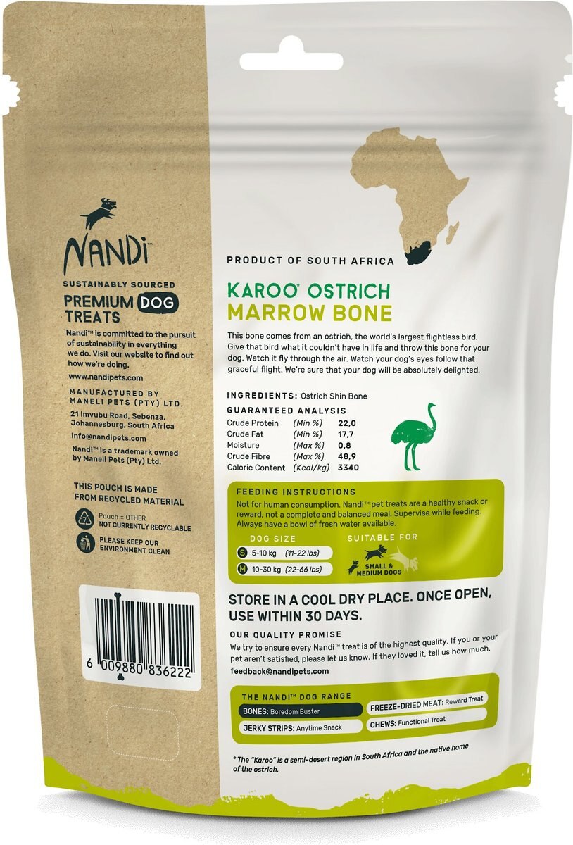 Nandi Karoo Ostrich Marrow Bone Dog Treats， 4 count