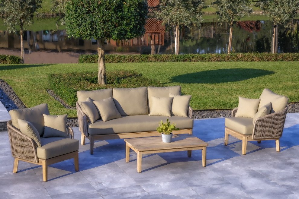 Eve 4 Piece Patio and Backyard Wood  Aluminum and Rope Conversation Set  Gray   Beach Style   Outdoor Lounge Sets   by Outsy  Houzz