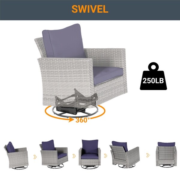 LIVOOSUN 3Piece Patio Sofa Set Gray Rattan Swivel Rocking Chair Glass Table