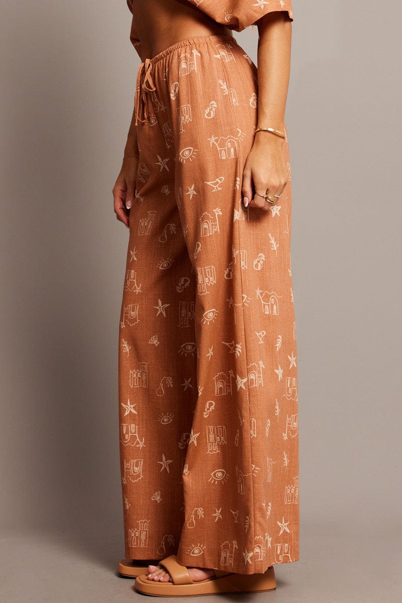Brown Abstract Wide Leg Pants High Rise