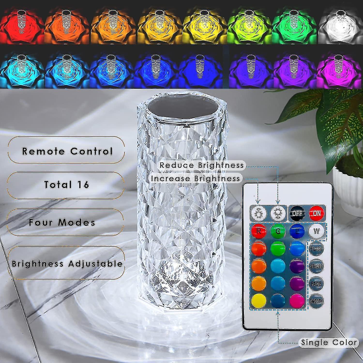 Crystal Diamond Desk Lamp， 16 Colors Usb Rechargeable Touch Light Night Light Night Light With Remote Control