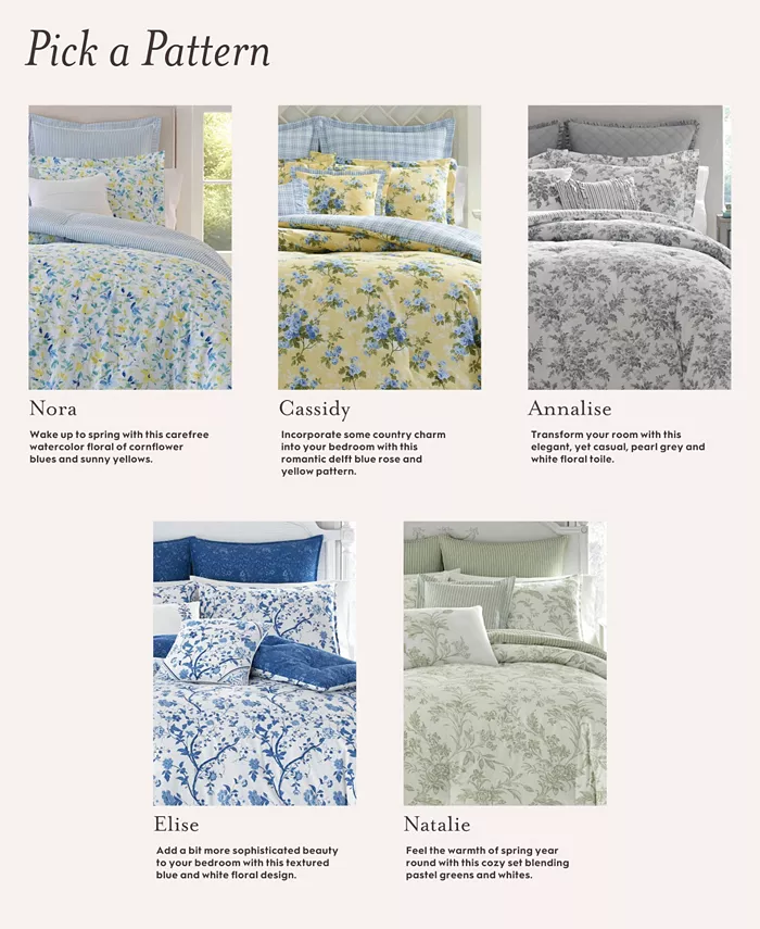 Laura Ashley Annalise Floral Cotton Reversible 5 Piece Duvet Cover Set， Twin