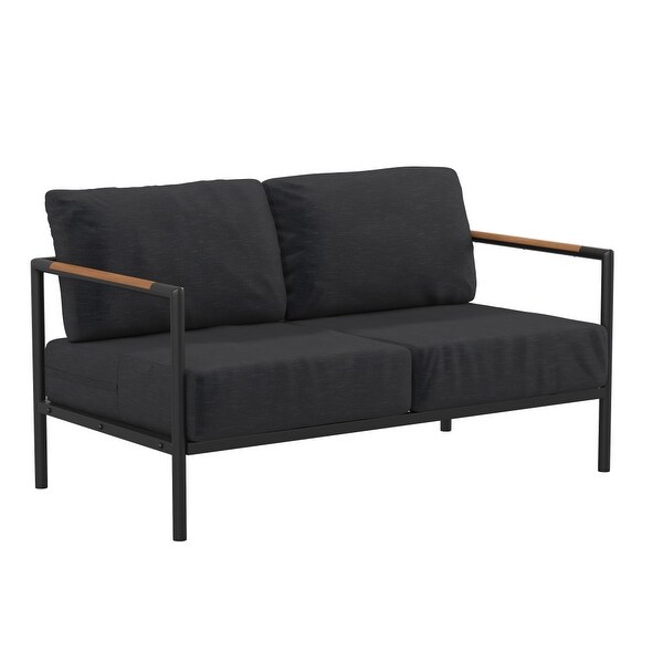 Metal Frame Loveseat with Teak Arm Accents and Plush Cushions