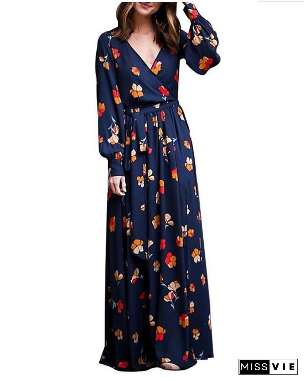 Women's Chiffon Dress Maxi long Dress Long Sleeve Floral Split Print Spring Casual Linen Royal Blue S M L XL XXL 3XL Black Dresses