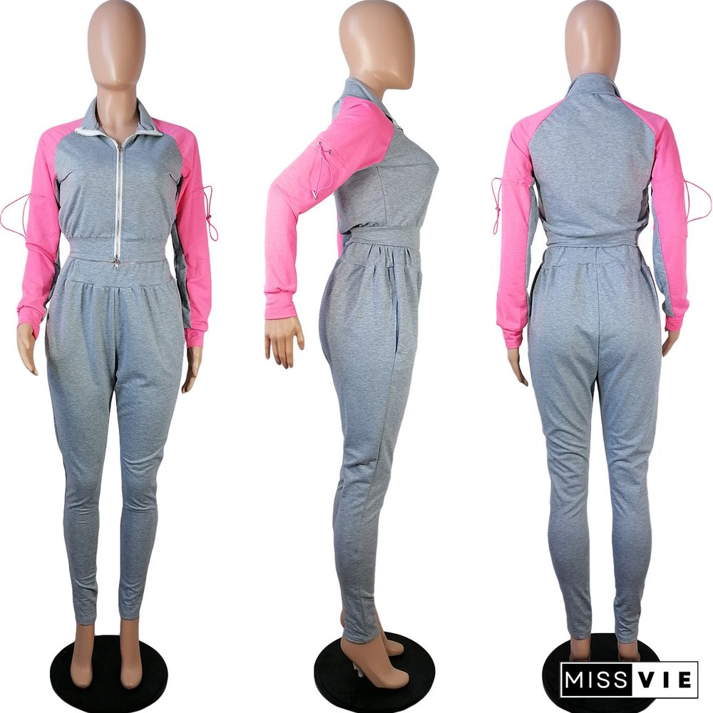 Splicing Long-sleeved Zip-up Jacket Sweatpants Two-piece Set