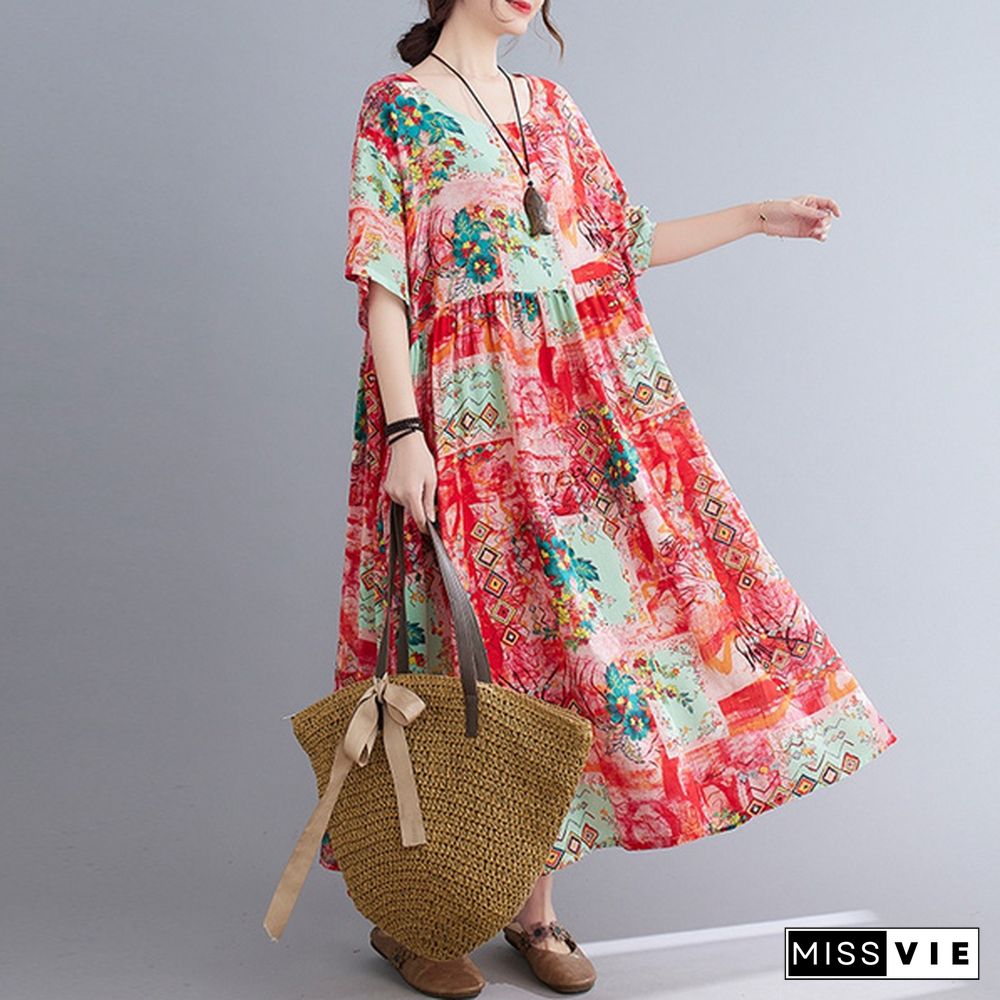 ZANZEA Women Half Sleeve Round Neck Dress Floral Print Summer Dress Casual Loose Long Dress