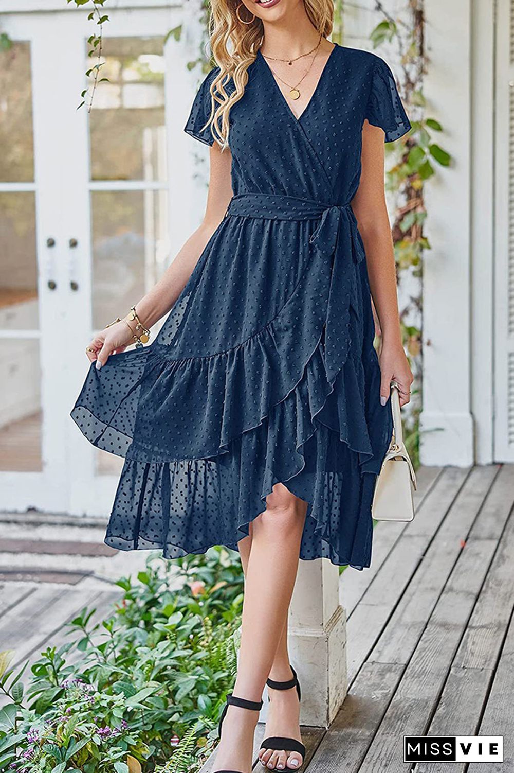 Swiss Dot Ruffle Hem Midi Dress