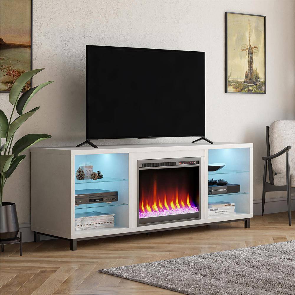 Ameriwood Home Cleavland 64.75 in. Freestanding Electric Fireplace TV Stand in White Plaster HD26751