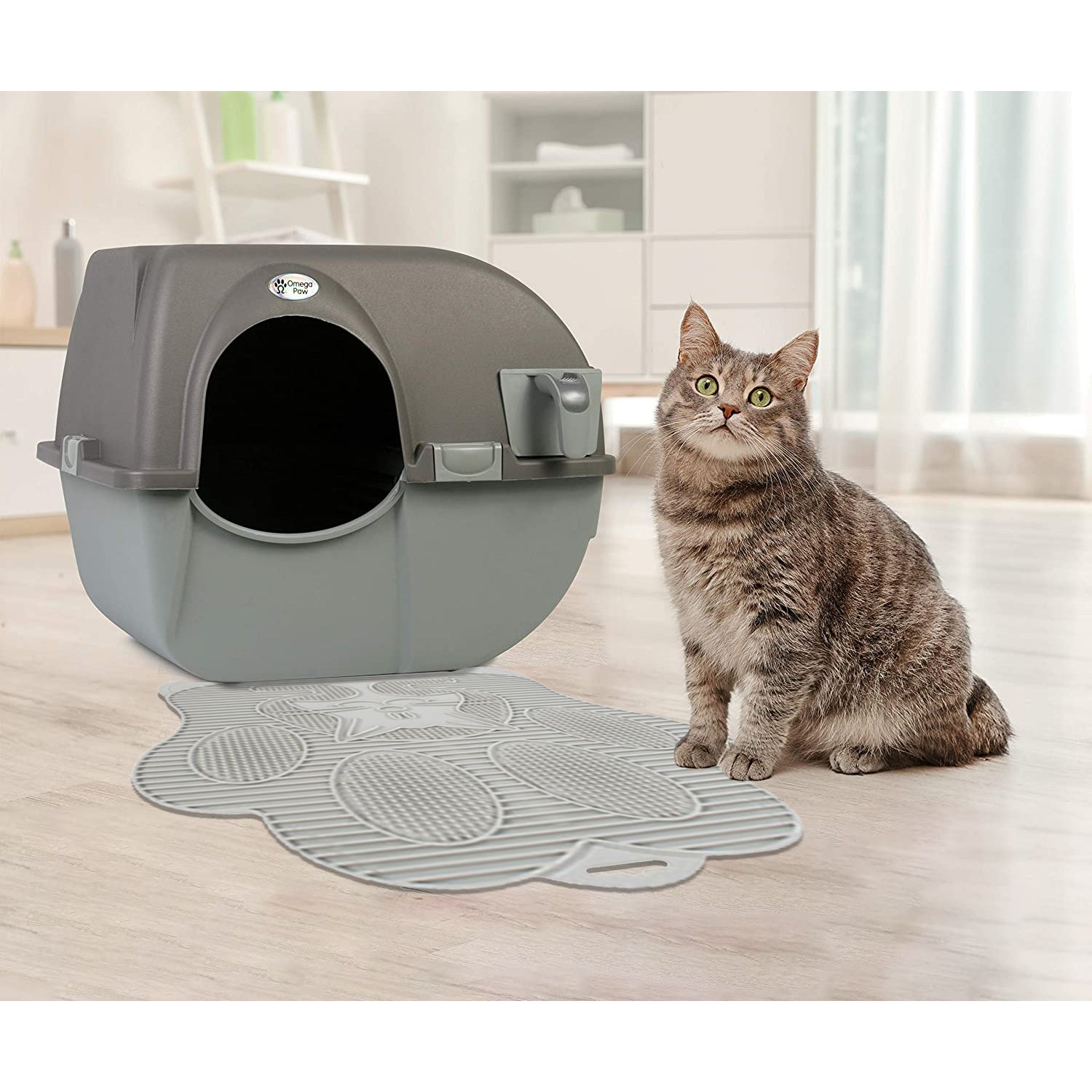 Omega Paw Paw Cleaning Litter Box Mat， Clean Floor and Carpet， Grey