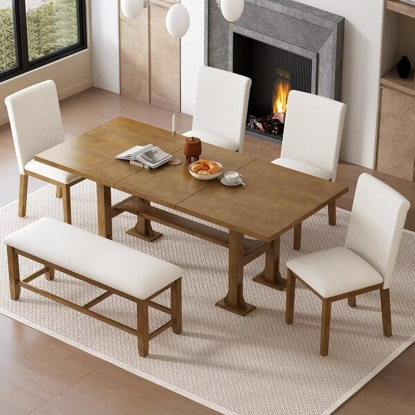 Extendable Dining Table Set，with Removable Leaf and Upholstered Chairs