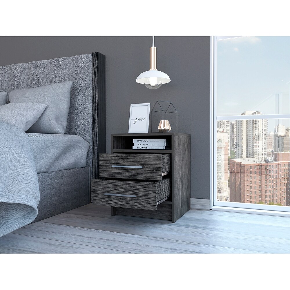 Wooden Nightstand with Two Drawers and Metal Handles