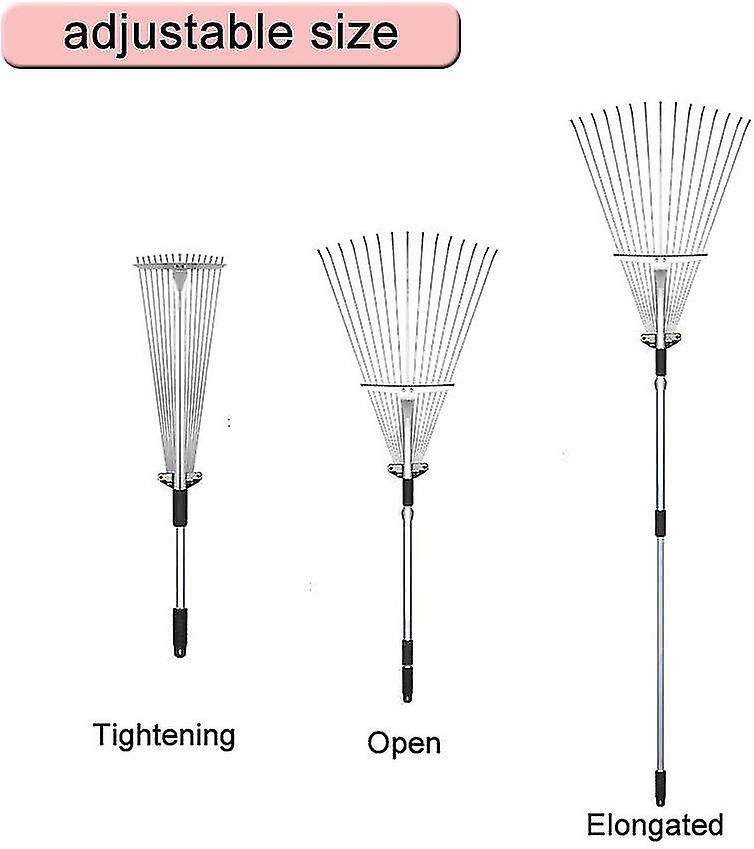 Leaf Rake Stable Garden Rake Professional Leaf Rake Adjustable Fan Rake 19-52 Cm Silver Lawn Rake With Handle 15 Prongs