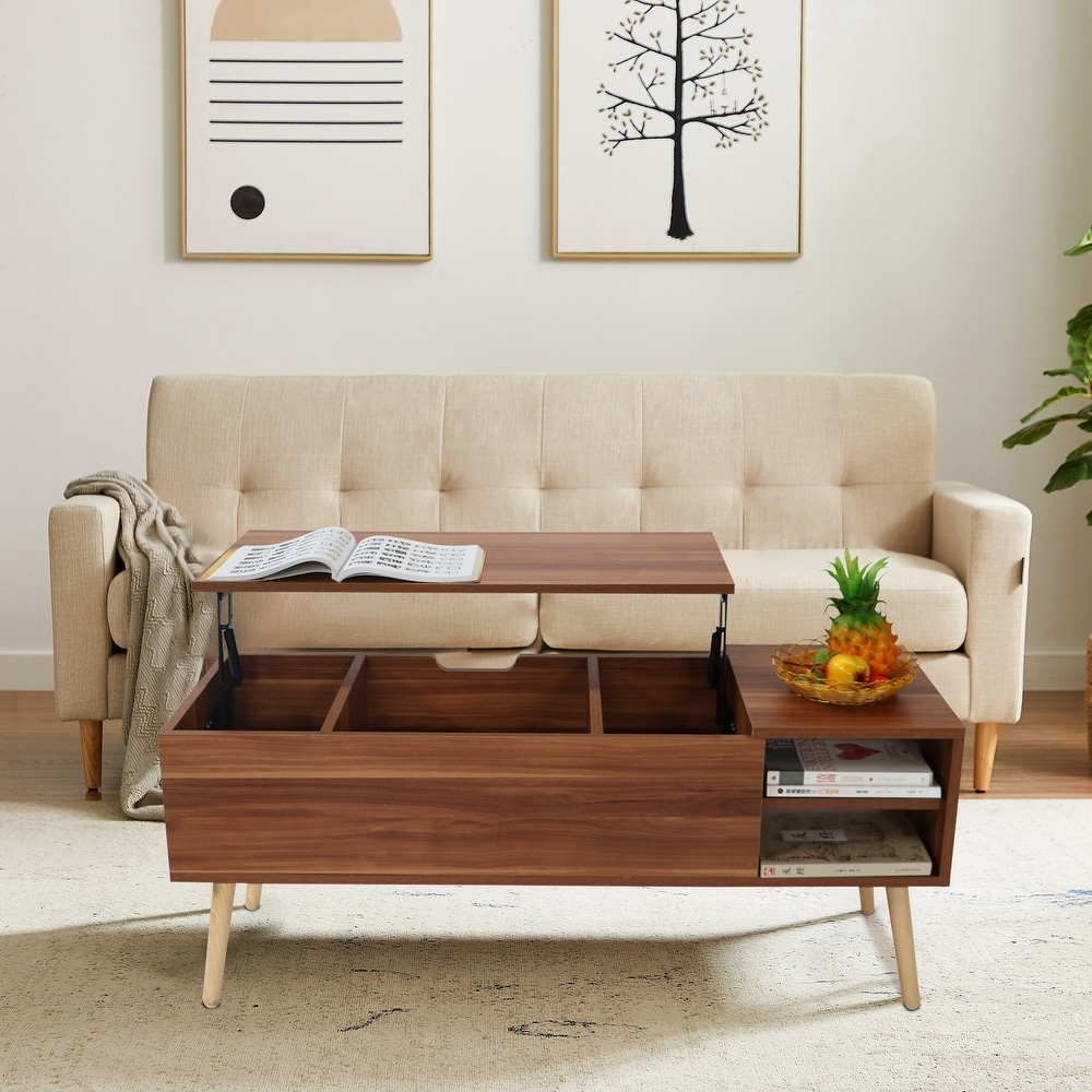 LiftTabletop Storage Coffee Table with Solid wood legs and Adjustable Shelf