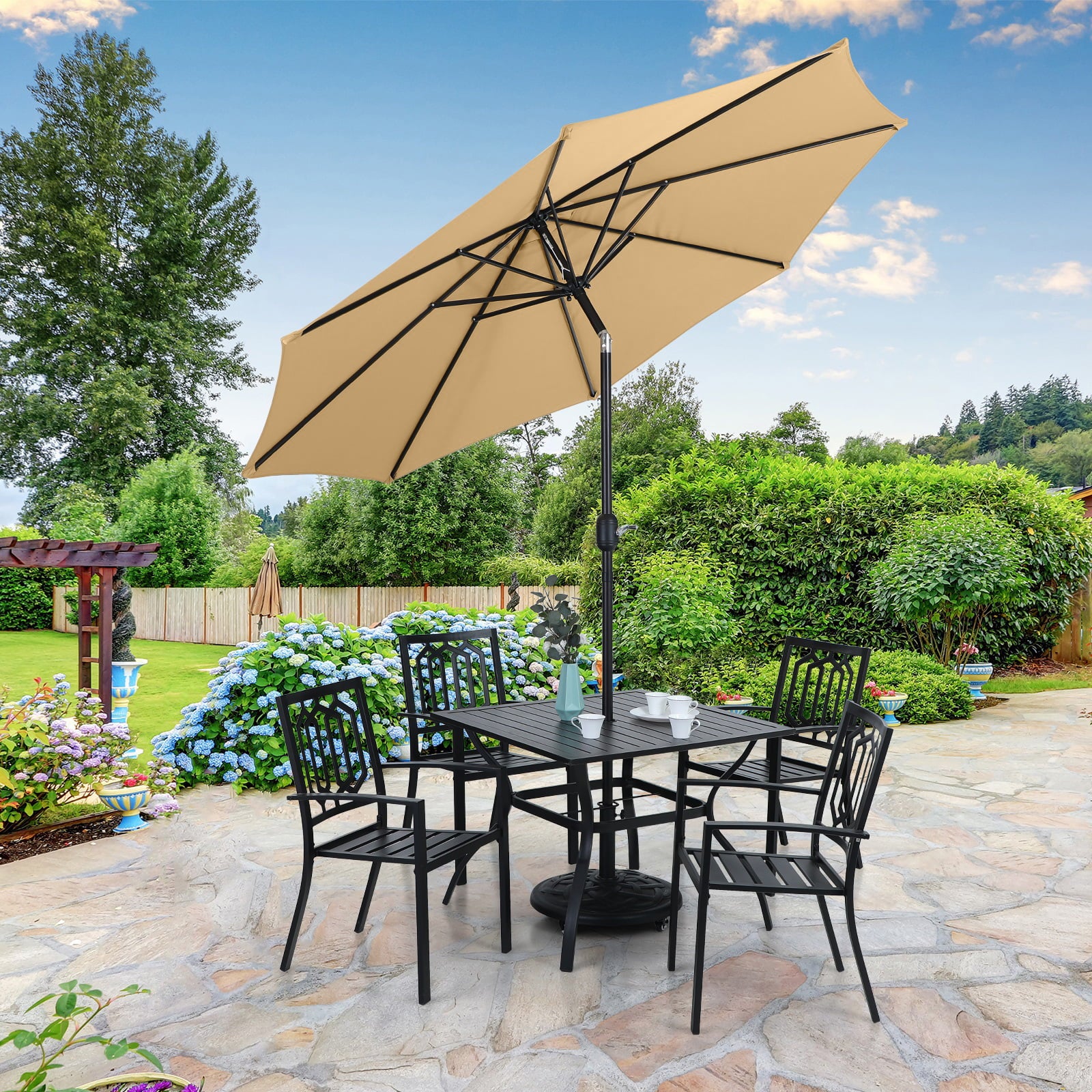 MF Studio 9ft Patio Umbrella with 8 Sturdy Ribs with Push Button Tilt/Crank Outdoor Market Table Umbrellas, Beige