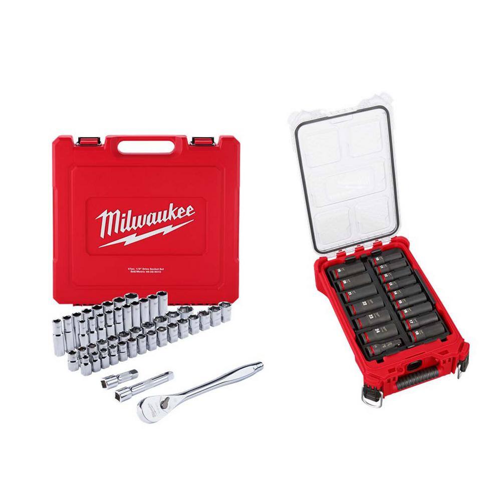 MW 12 in. Drive SAEMetric Ratchet  Socket Tool Set  12 in. Drive Metric Deep Well PACKOUT Impact Socket Set (63-Piece) 48-22-9010-49-66-6803