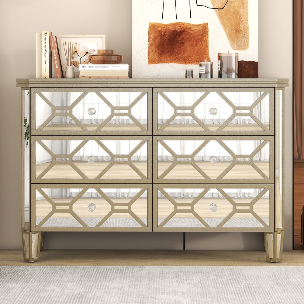 Elegant Mirrored 6 Drawer Dresser Chest with Golden Lines Storage Cabinet