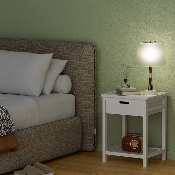 Nightstand Bedside Table with Drawer End Table with Shelf Bamboo Side Table for Bedroom， Living Room， Small Space