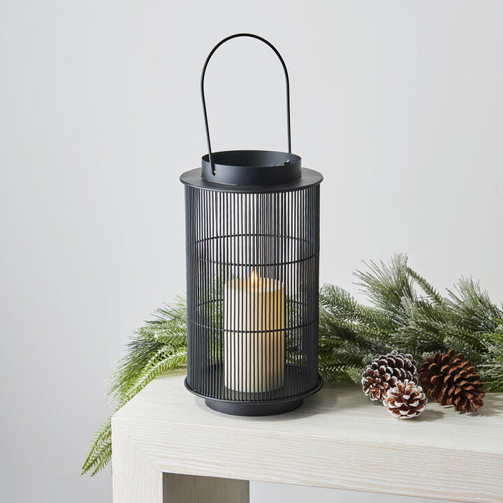 LampLust Indoor Outdoor Black Lantern with Flameless LED Candle， Medium - 1 Medium Black Metal Lantern with Weatherproof Flameless Candle， Batteries， and Timer Included