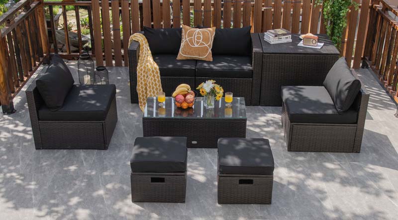 8 Pcs Rattan Patio Sectional Sofa Set with Storage Box & Waterproof Cover