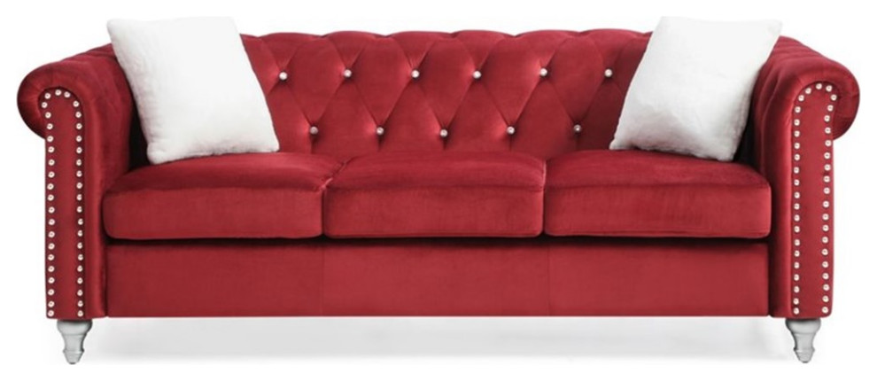 Maklaine Contemporary styled Soft Velvet Sofa in Burgundy Finish   Eclectic   Sofas   by Homesquare  Houzz