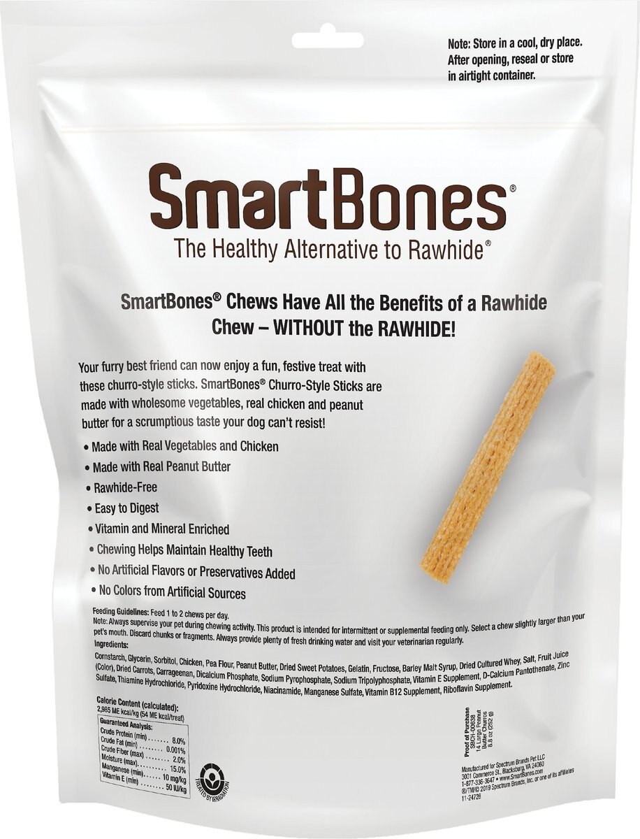 SmartBones Churro-Style Sticks Peanut Butter Flavor Dog Treats， 14 count