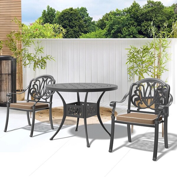 3/5 Piece Cast Aluminum Outdoor Dining Set with 39.37 in. Round Table and Random Color Seat Cushions