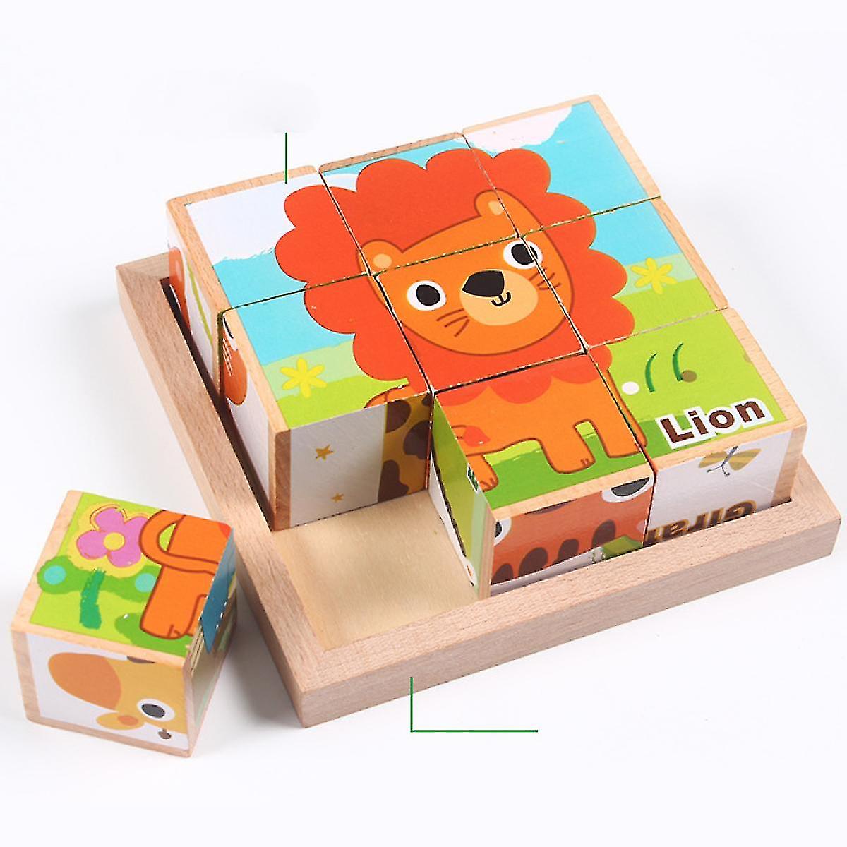 Wooden Blocks Cube Puzzles For Kids - Wooden Cube Jigsaw Puzzles 9 Wooden Cubes Blocks 6 Wild Animals Pictures In A Wooden Box