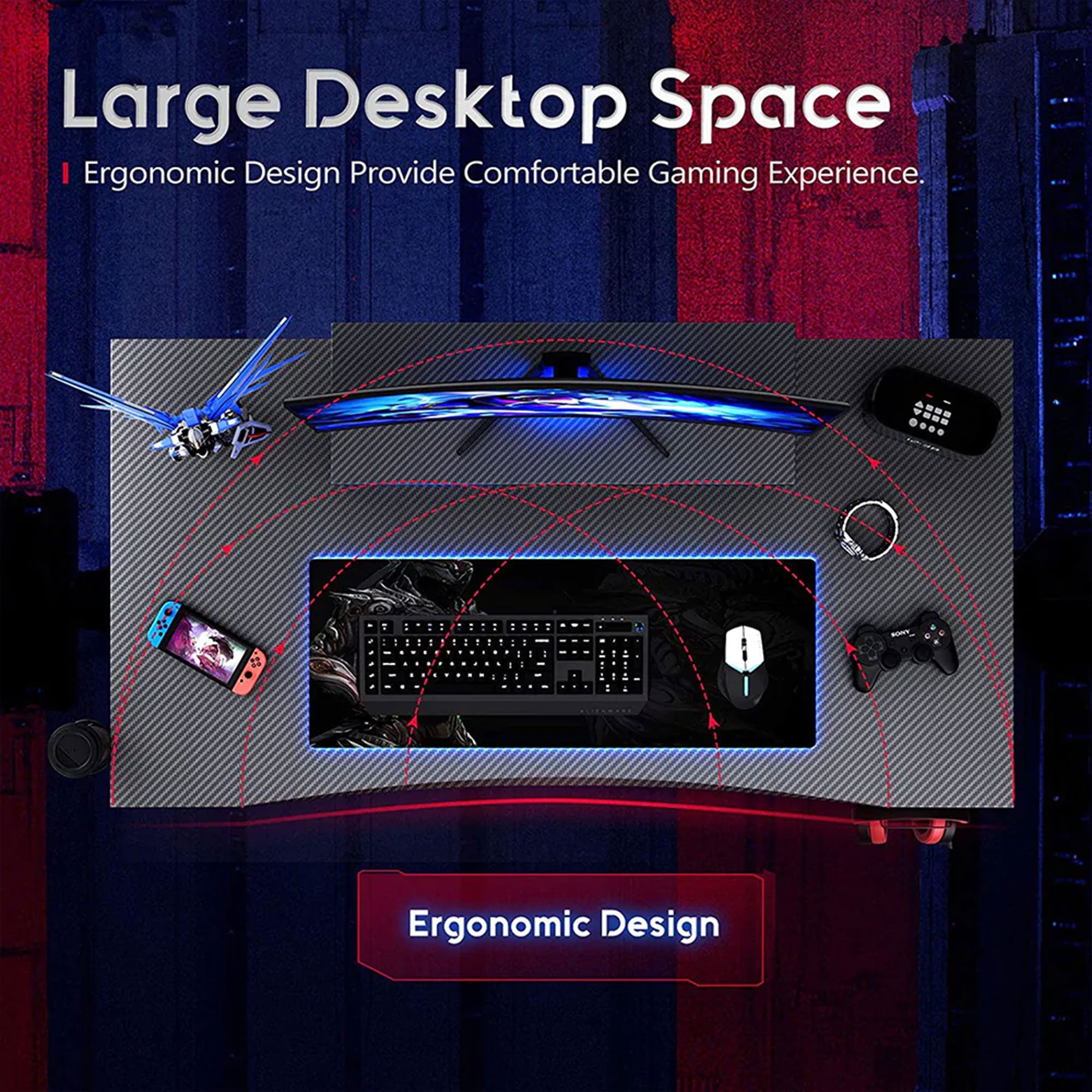 39 Inch Carbon Fiber Computer Gaming Desk with Raised Monitor Shelf