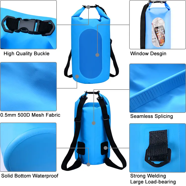 Window Desgin 2L 10L 15L 20L 30L Custom Logo 500D PVC Sack Camping Hiking Boating Backpack Water Sport Waterproof Dry Bag