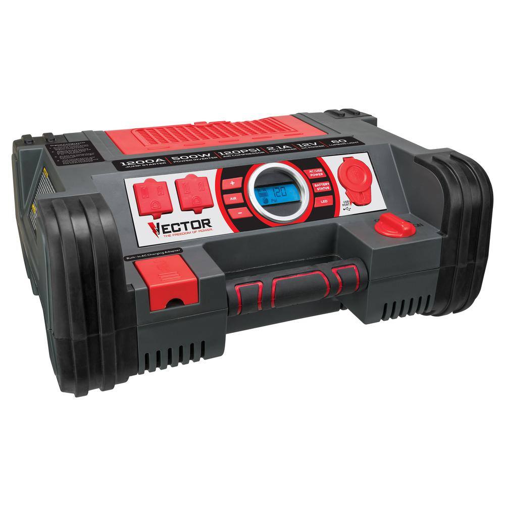 VECTOR 1200 Peak Amp Jump Starter Dual Power Inverter 120 PSI Air Compressor USB Charging Port Rechargeable PPRH5V